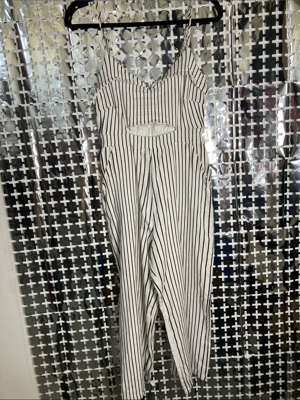 AKIRA Black and White Vertical Stripe Cutout Jumpsuit